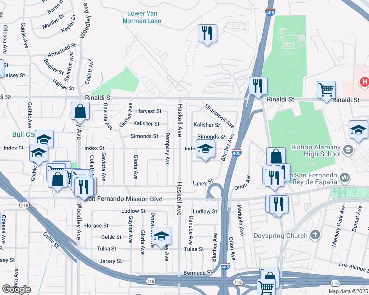 map of restaurants, bars, coffee shops, grocery stores, and more near 15735 Index Street in Los Angeles