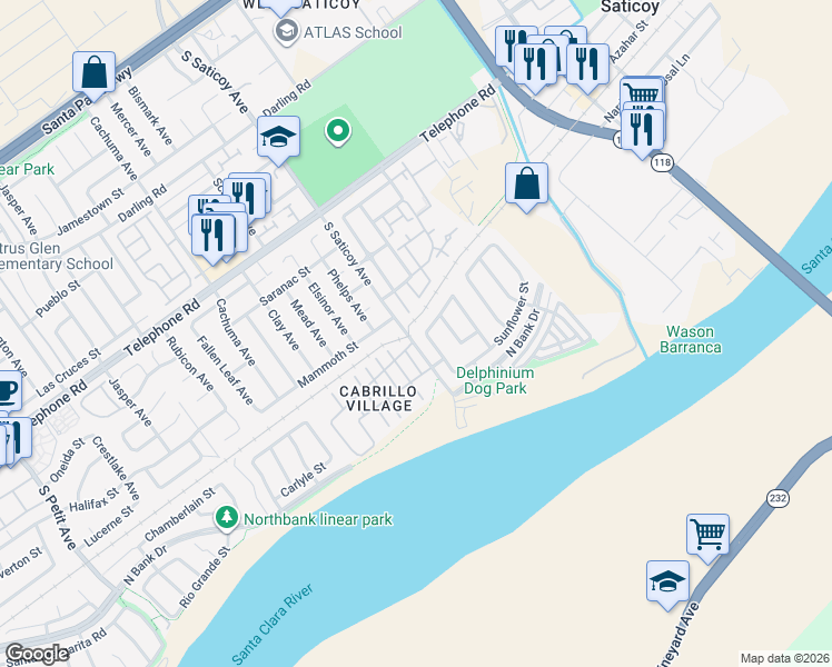 map of restaurants, bars, coffee shops, grocery stores, and more near 1531 Daphne Avenue in Ventura