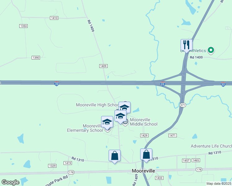 map of restaurants, bars, coffee shops, grocery stores, and more near 920 Road 1409 in Mooreville