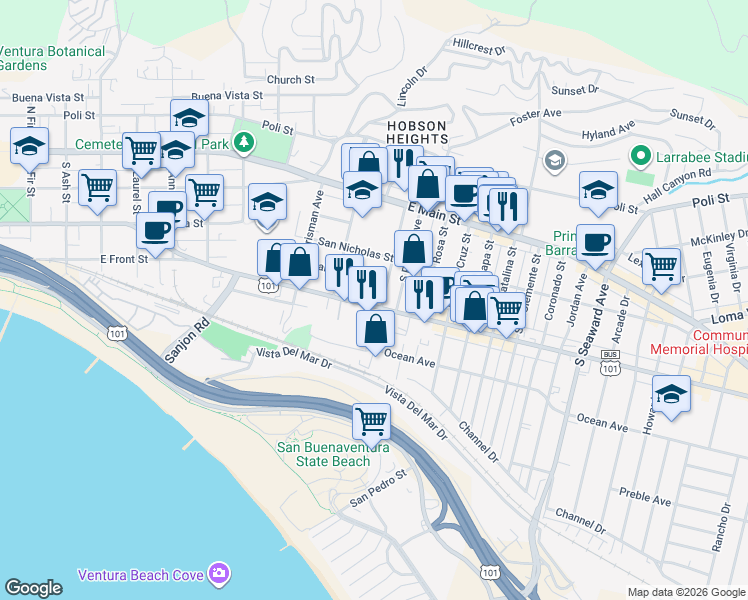 map of restaurants, bars, coffee shops, grocery stores, and more near 1700 East Thompson Boulevard in Ventura