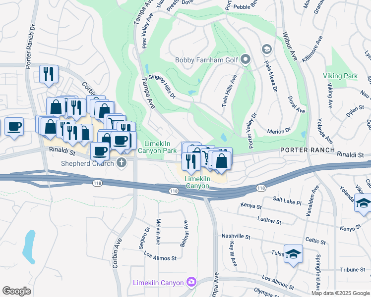map of restaurants, bars, coffee shops, grocery stores, and more near 19501 Rinaldi Street in Los Angeles