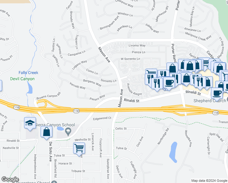 map of restaurants, bars, coffee shops, grocery stores, and more near 20516 Pesaro Way in Los Angeles