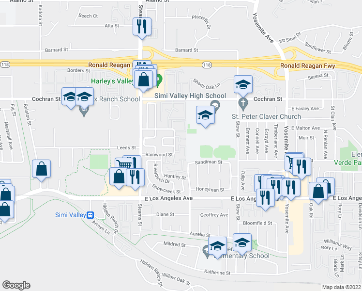 map of restaurants, bars, coffee shops, grocery stores, and more near Unnamed Road in Simi Valley