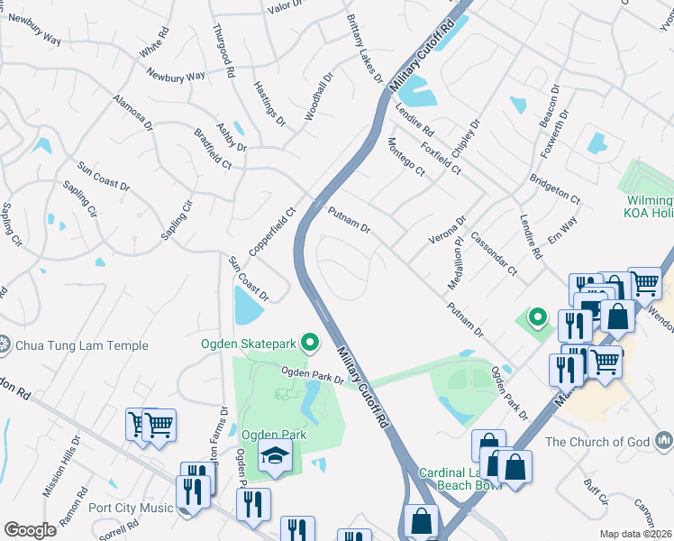 map of restaurants, bars, coffee shops, grocery stores, and more near 7155 Savanna Run Loop in Wilmington