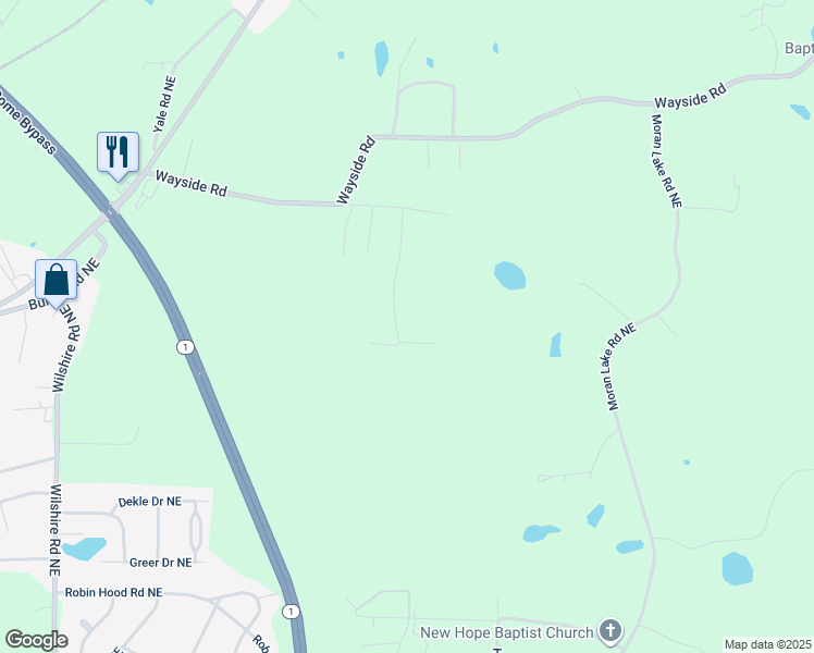 map of restaurants, bars, coffee shops, grocery stores, and more near 19 Larkwood Drive Northeast in Rome