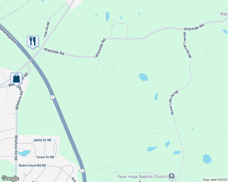 map of restaurants, bars, coffee shops, grocery stores, and more near 19 Larkwood Drive Northeast in Rome