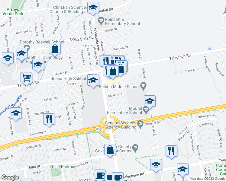 map of restaurants, bars, coffee shops, grocery stores, and more near 5988 Woodland Street in Ventura