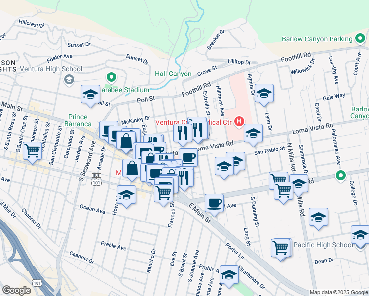 map of restaurants, bars, coffee shops, grocery stores, and more near 184 North Brent Street in Ventura