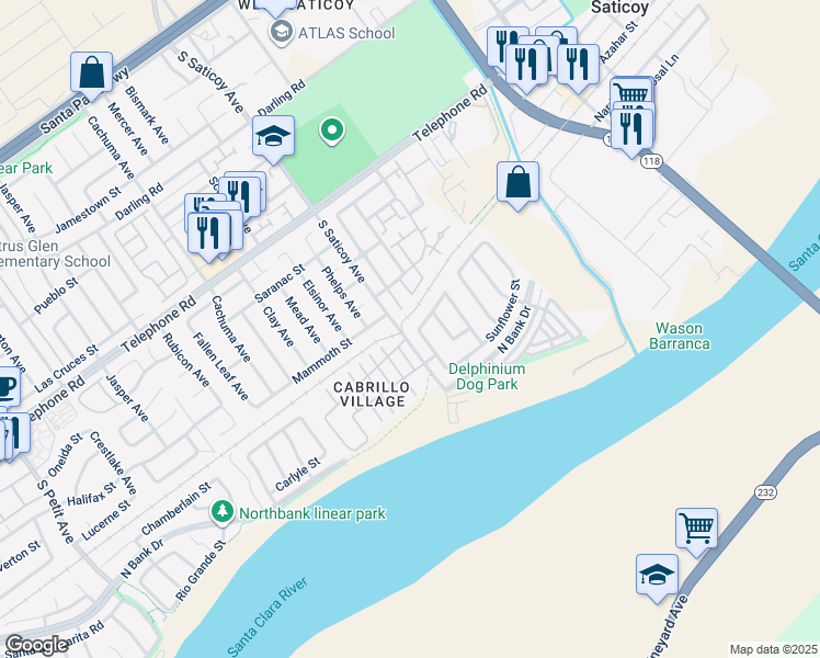 map of restaurants, bars, coffee shops, grocery stores, and more near 1531 Daphne Avenue in Ventura