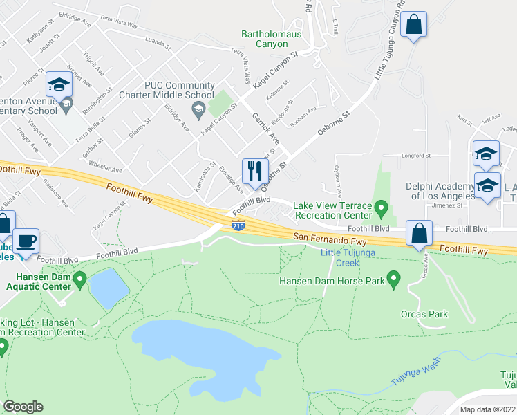 map of restaurants, bars, coffee shops, grocery stores, and more near 11300 Foothill Boulevard in Los Angeles