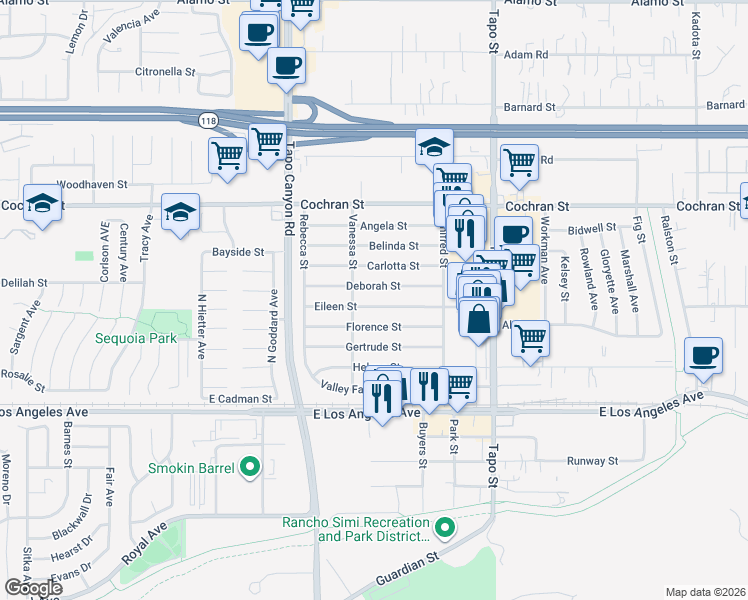 map of restaurants, bars, coffee shops, grocery stores, and more near 4141 Eileen Street in Simi Valley