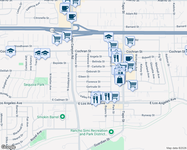 map of restaurants, bars, coffee shops, grocery stores, and more near 4119 Florence Street in Simi Valley