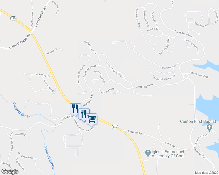 map of restaurants, bars, coffee shops, grocery stores, and more near 225 Daybreak Rush in Canton