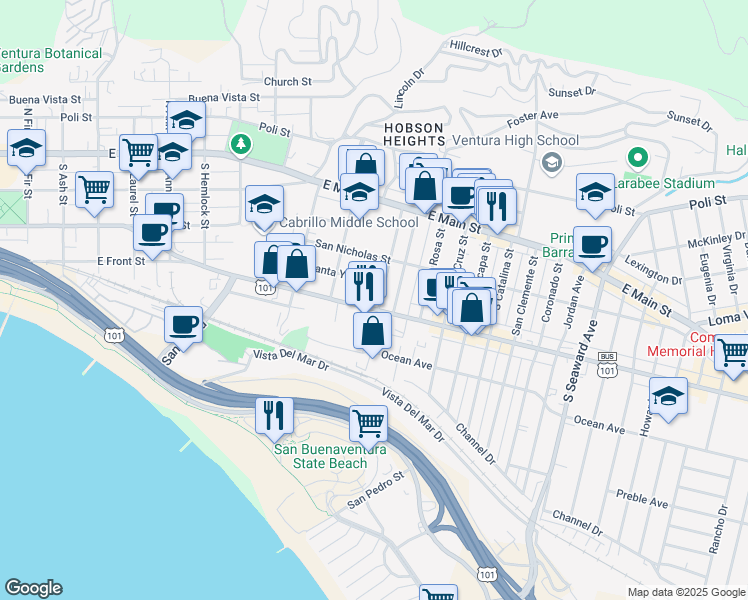 map of restaurants, bars, coffee shops, grocery stores, and more near 1725 East Thompson Boulevard in Ventura