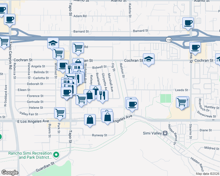 map of restaurants, bars, coffee shops, grocery stores, and more near 2267 Marshall Avenue in Simi Valley