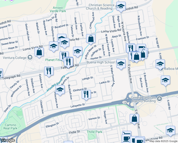 map of restaurants, bars, coffee shops, grocery stores, and more near 138 South Bryn Mawr Street in Ventura