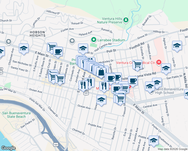 map of restaurants, bars, coffee shops, grocery stores, and more near 2424 East Main Street in Ventura