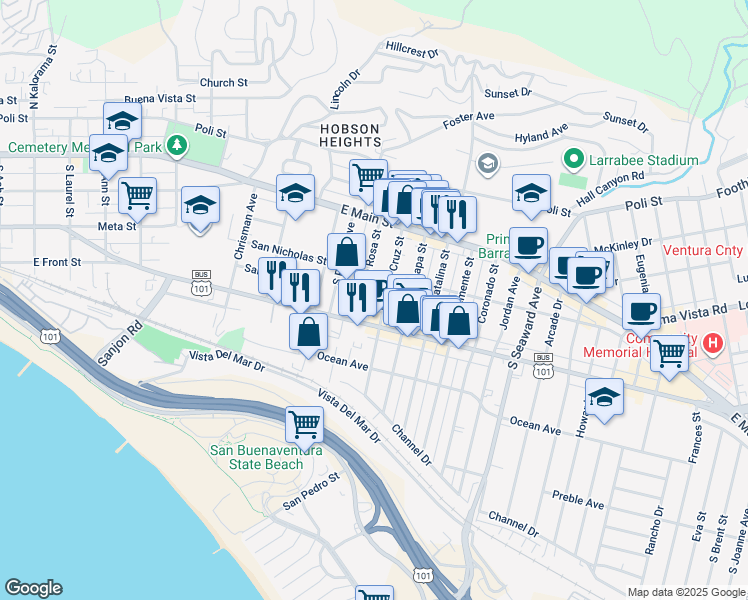 map of restaurants, bars, coffee shops, grocery stores, and more near 209 South Santa Cruz Street in Ventura