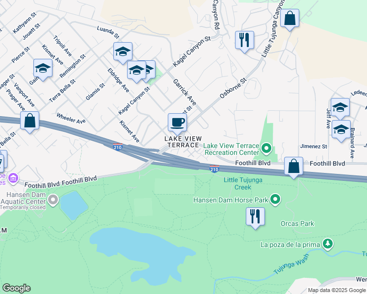 map of restaurants, bars, coffee shops, grocery stores, and more near 11350 Foothill Boulevard in Los Angeles