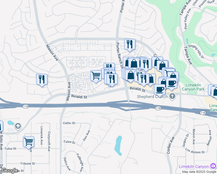map of restaurants, bars, coffee shops, grocery stores, and more near 20165 Rinaldi Street in Los Angeles