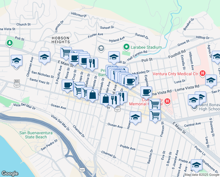 map of restaurants, bars, coffee shops, grocery stores, and more near 136 Jordan Avenue in Ventura