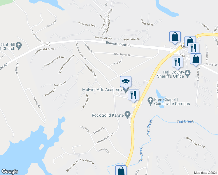 map of restaurants, bars, coffee shops, grocery stores, and more near 3252 Montgomery Drive in Gainesville