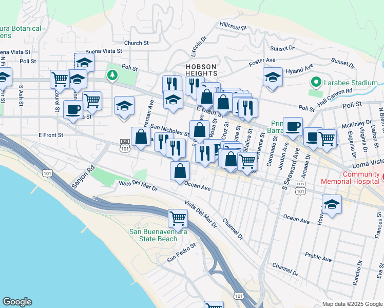 map of restaurants, bars, coffee shops, grocery stores, and more near 249 South Pacific Avenue in Ventura