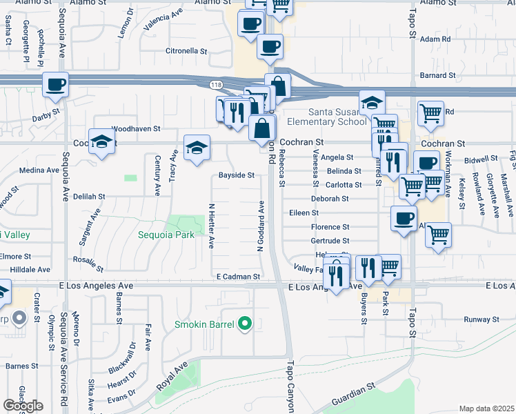 map of restaurants, bars, coffee shops, grocery stores, and more near 3998 Celia Court in Simi Valley