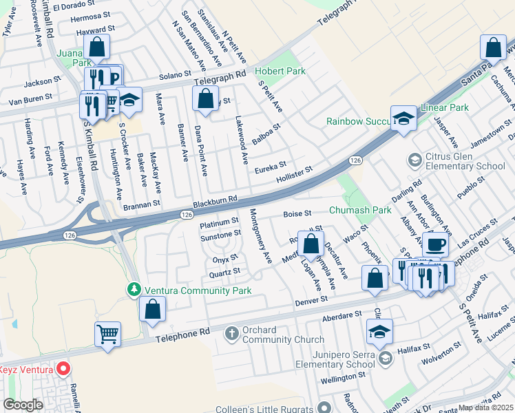 map of restaurants, bars, coffee shops, grocery stores, and more near 8296 Henderson Road in Ventura