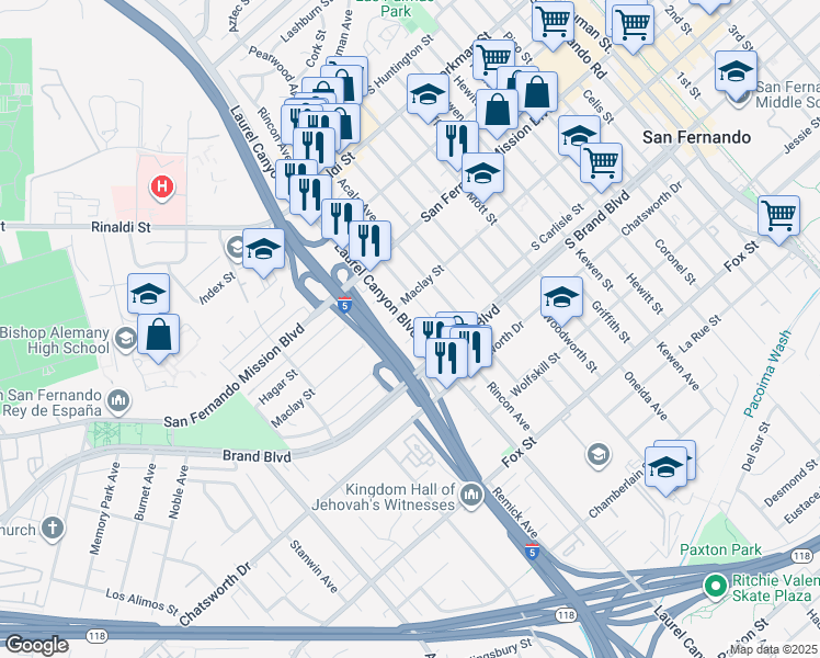 map of restaurants, bars, coffee shops, grocery stores, and more near 11023 Laurel Canyon Boulevard in San Fernando