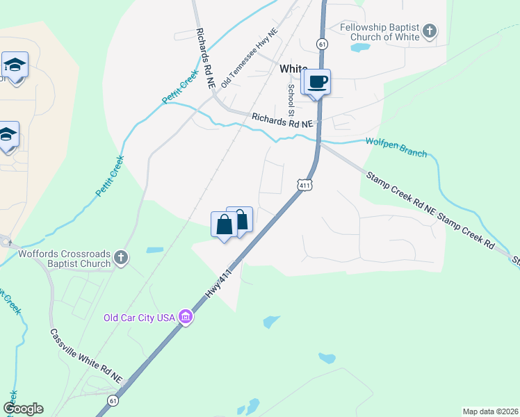 map of restaurants, bars, coffee shops, grocery stores, and more near 117 Whispering Pine Lane in White