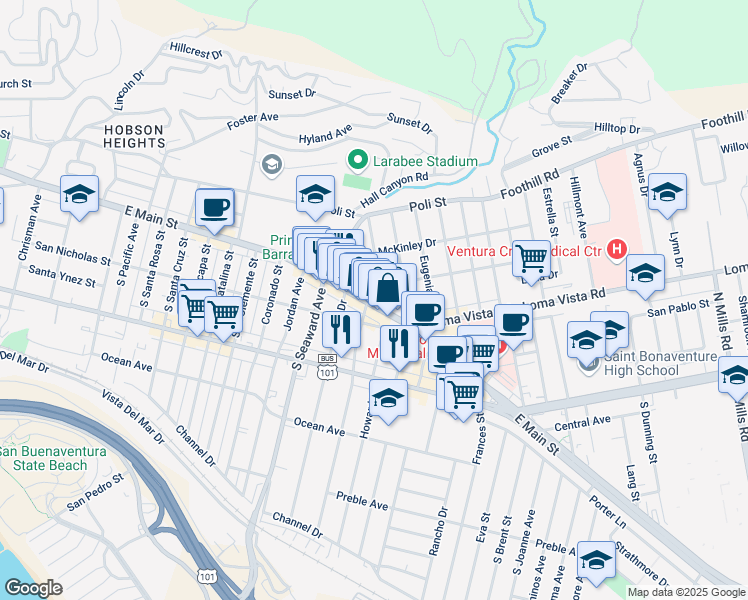 map of restaurants, bars, coffee shops, grocery stores, and more near 2467 San Nicholas Street in Ventura