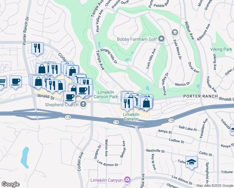 map of restaurants, bars, coffee shops, grocery stores, and more near 19547 Rinaldi Street in Los Angeles