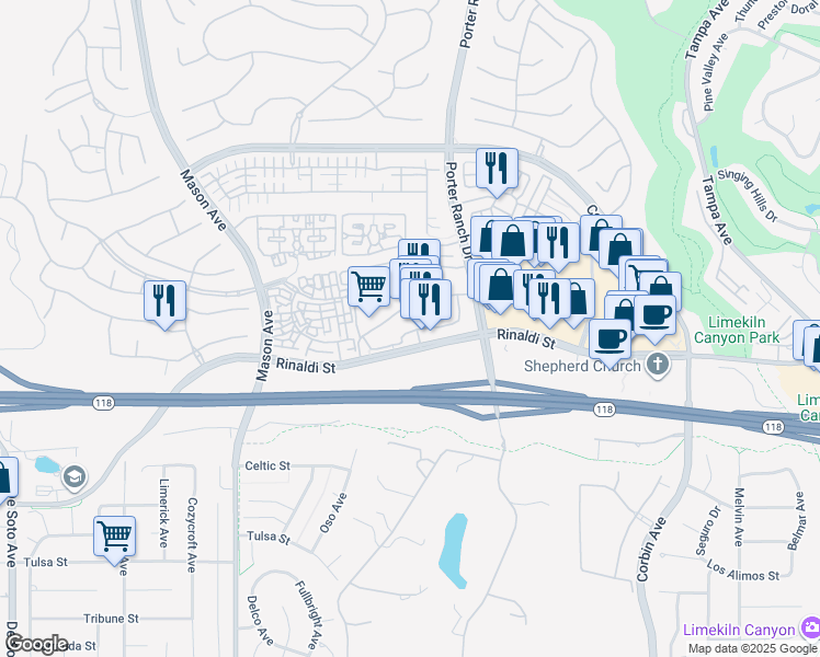 map of restaurants, bars, coffee shops, grocery stores, and more near 20165 Rinaldi Street in Los Angeles