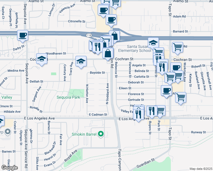 map of restaurants, bars, coffee shops, grocery stores, and more near 3998 Celia Court in Simi Valley