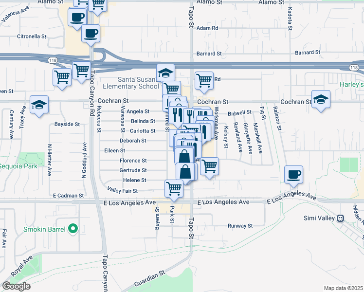 map of restaurants, bars, coffee shops, grocery stores, and more near in Simi Valley