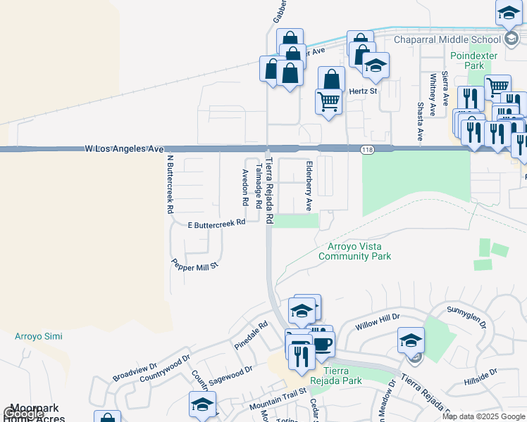 map of restaurants, bars, coffee shops, grocery stores, and more near 4736 Talmadge Road in Moorpark