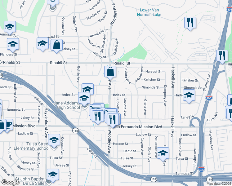 map of restaurants, bars, coffee shops, grocery stores, and more near 11301 Collett Avenue in Los Angeles
