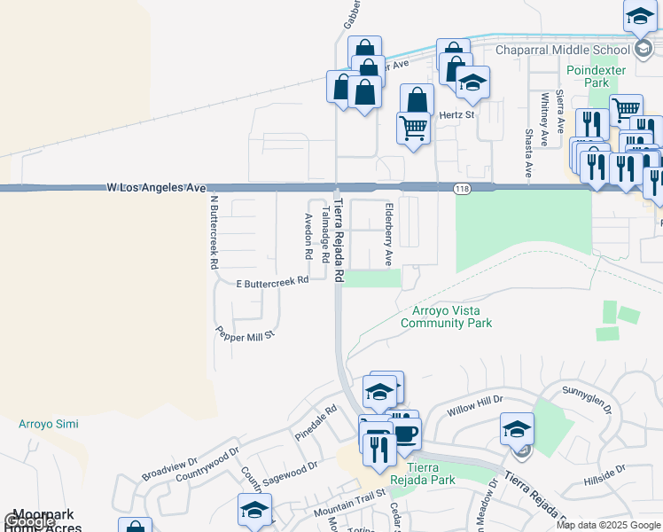 map of restaurants, bars, coffee shops, grocery stores, and more near 4736 Talmadge Road in Moorpark
