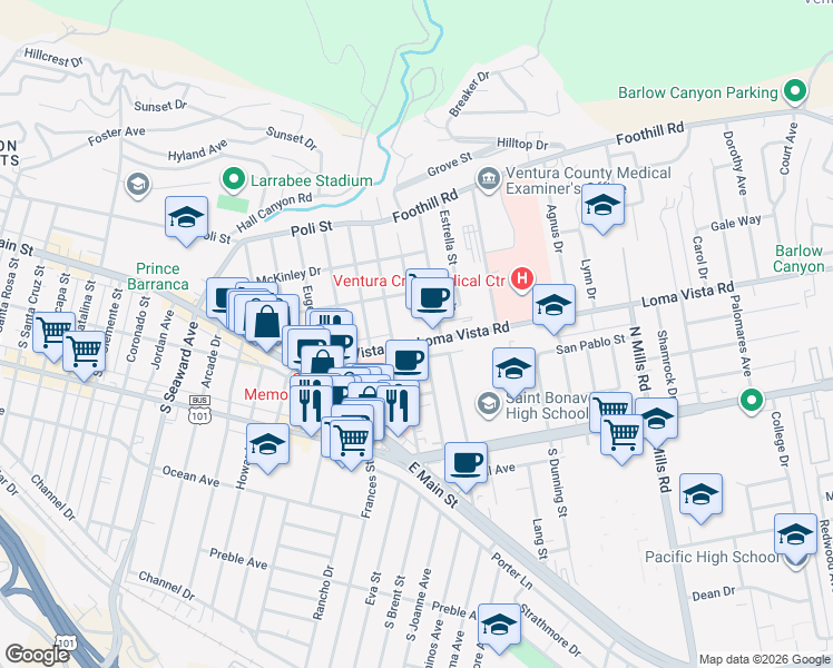 map of restaurants, bars, coffee shops, grocery stores, and more near 253 Homer Avenue in Ventura