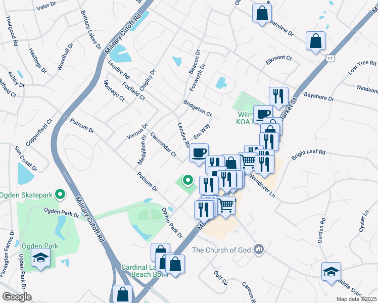 map of restaurants, bars, coffee shops, grocery stores, and more near 7313 Vespar Court in Wilmington
