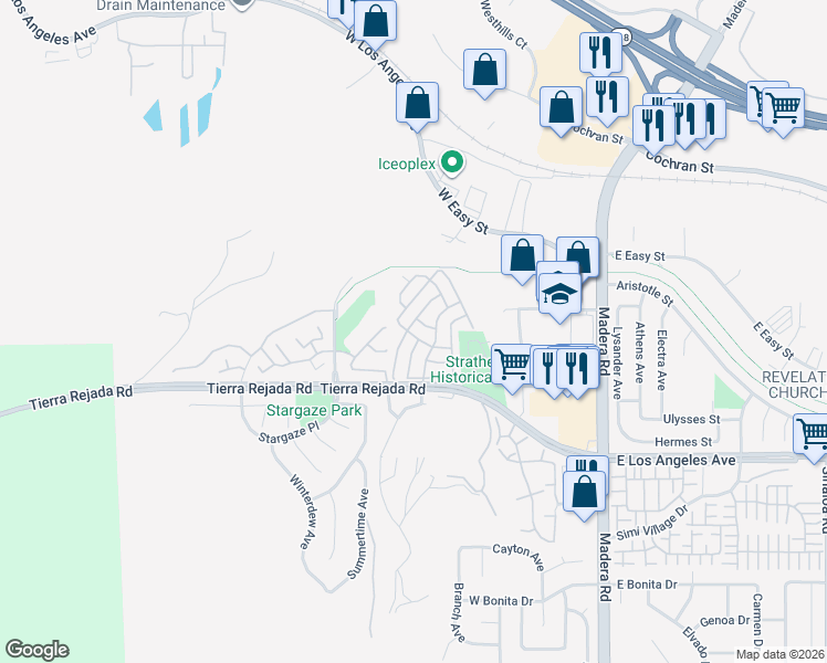 map of restaurants, bars, coffee shops, grocery stores, and more near 195 Tierra Rejada Road in Simi Valley