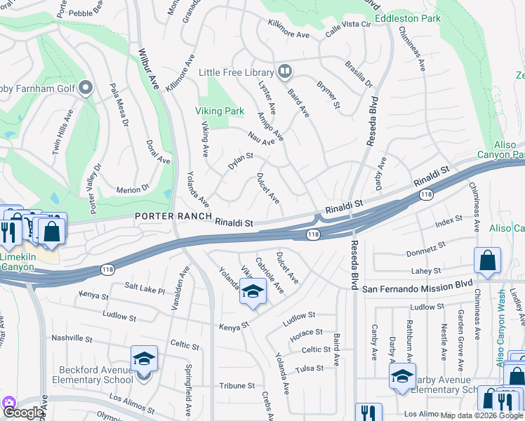 map of restaurants, bars, coffee shops, grocery stores, and more near 18745 Accra Street in Los Angeles