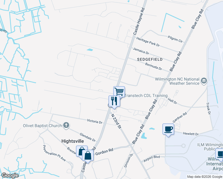 map of restaurants, bars, coffee shops, grocery stores, and more near 2009 Castle Hayne Road in Wilmington