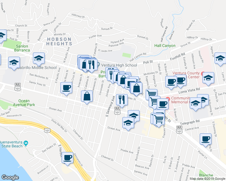 map of restaurants, bars, coffee shops, grocery stores, and more near 69 South Seaward Avenue in Ventura
