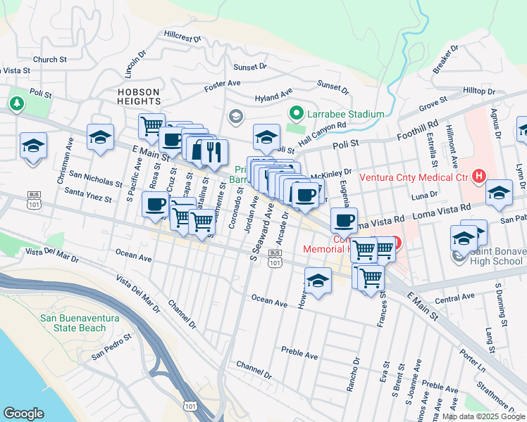 map of restaurants, bars, coffee shops, grocery stores, and more near 69 South Seaward Avenue in Ventura