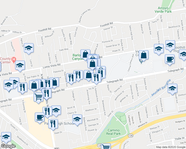 map of restaurants, bars, coffee shops, grocery stores, and more near 95 North Ashwood Avenue in Ventura