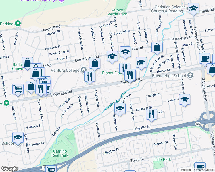 map of restaurants, bars, coffee shops, grocery stores, and more near 4900 Telegraph Road in Ventura