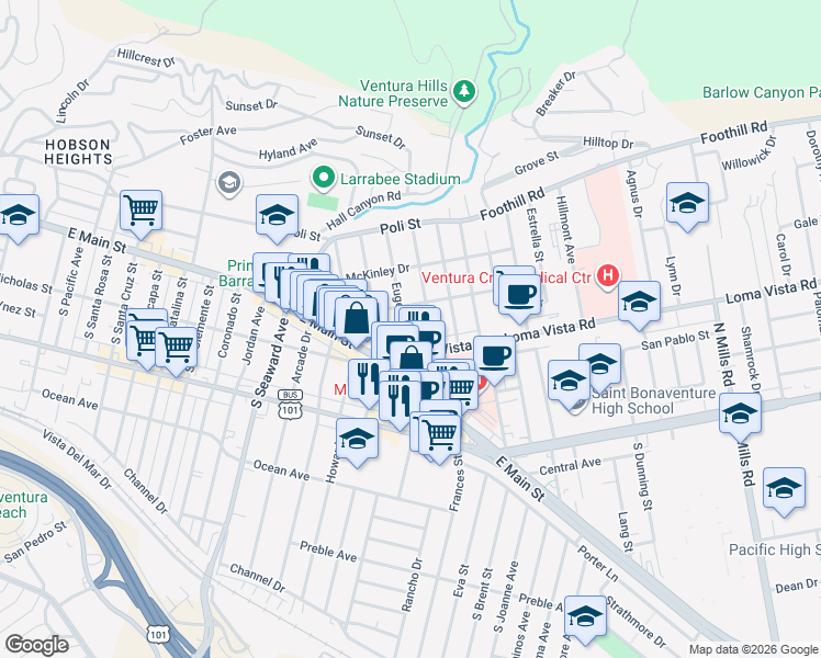 map of restaurants, bars, coffee shops, grocery stores, and more near 96 Eugenia Drive in Ventura