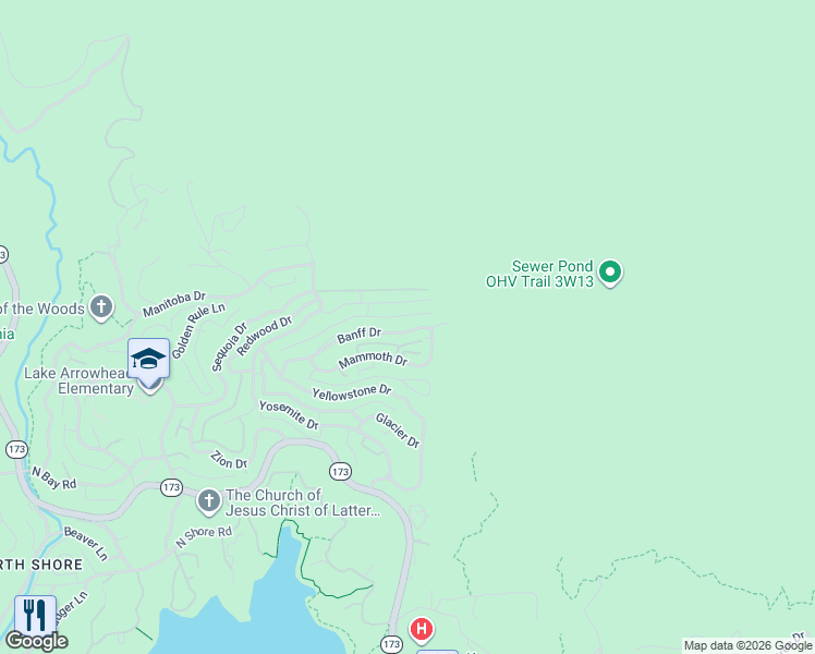 map of restaurants, bars, coffee shops, grocery stores, and more near 29050 Banff Drive in Lake Arrowhead